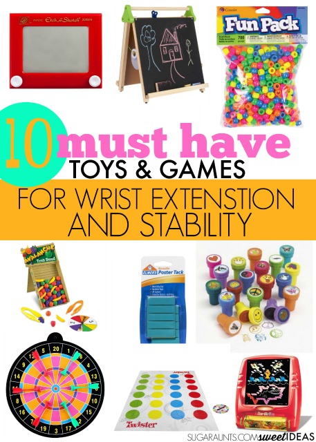 These toys and games are perfect for building wrist stability and strengthening the wrist extension muscles needed for a functional grasp with dexterity in activities like handwriting.