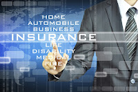 Image of a man in suit using a virtual computer. Text: Home, Automobile, Business, Insurance.