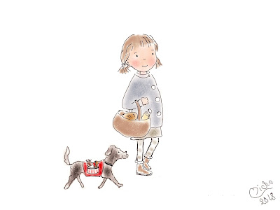 Farbiges Doodle von Kind und Hund gehen Einkaufen.