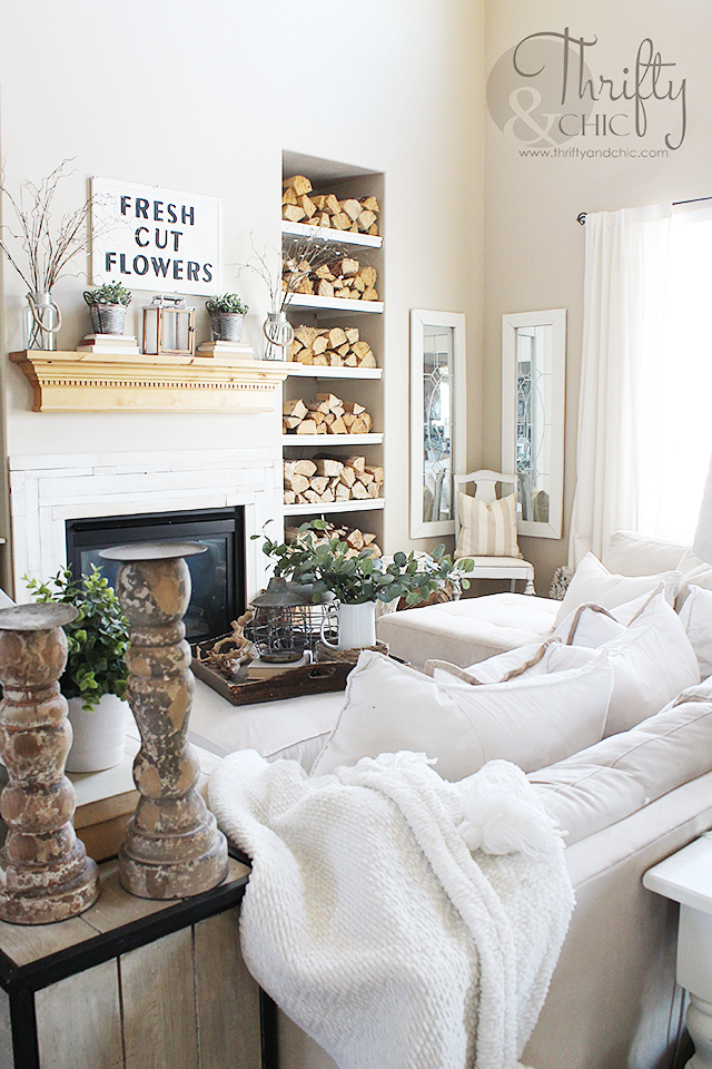 White and neutral farmhouse cottage living room decor and decorating ideas. Two story living room and great room ideas.
