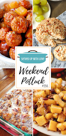 Weekend Potluck featured recipes include Crock Pot Hawaiian Meatballs, Easy Cinnamon Baked French Toast, Cheddar and Chive Cheeseball, and Honey Roasted Pumpkin Salad.