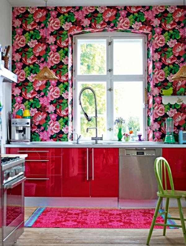 Wallpapers and fabrics with floral patterns as decoration in the interior design