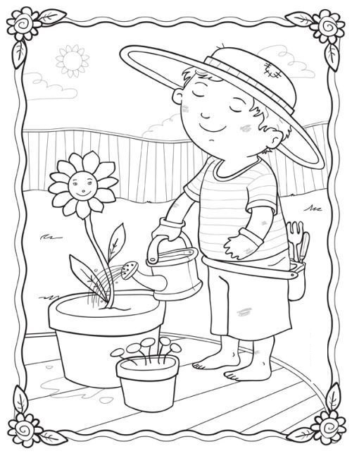 Tranh tô màu bé trai tưới cây hoa trong chậu cây