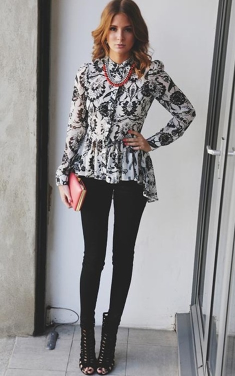 Women fashion printed peplum blouse and black skinnies | Just a Pretty ...