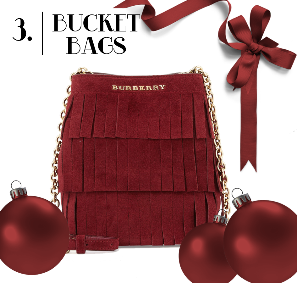 Burberry Baby Bucket Fringed Suede Bag, Cherry