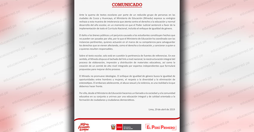 COMUNICADO MINEDU: Ministerio de Educación condena quema de textos escolares - www.minedu.gob.pe COMUNICADO MINEDU: Ministerio de Educación condena quema de textos escolares - www.minedu.gob.pe