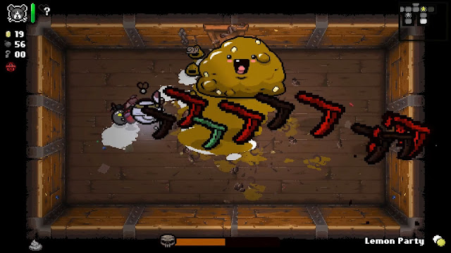 the character shoots at a giant poop with boomerang-shaped projectiles