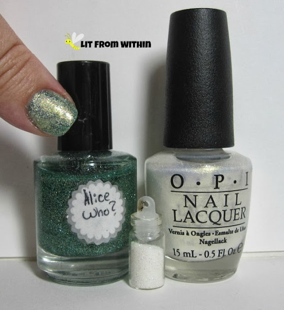 Bottle shot:  Alice Who? (Unknown Indie), OPI Ski Slope Sweetie, and some glitter.