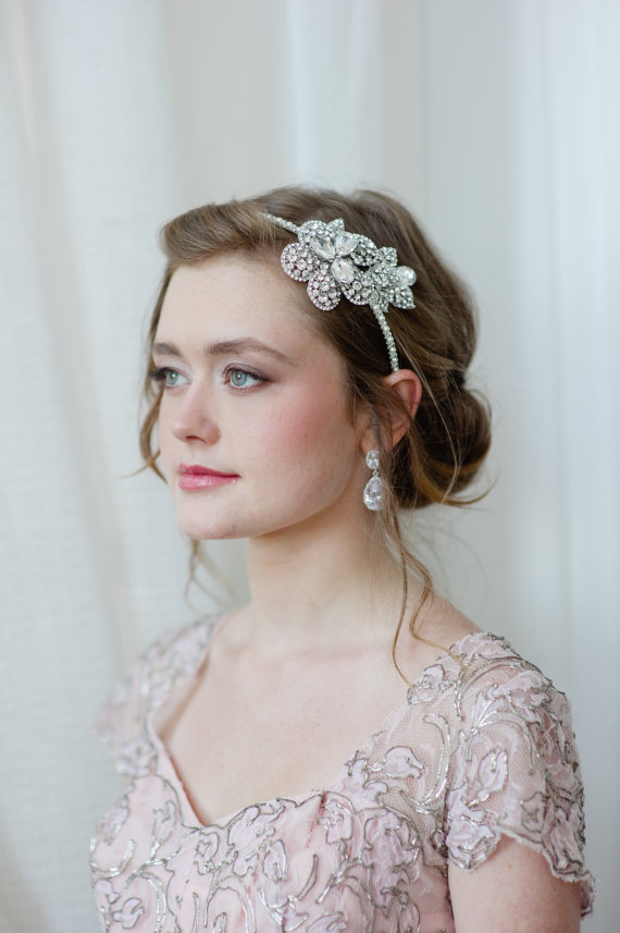 Bridal Headband with Rhinestone Flower and Swarovski Pearls and ...