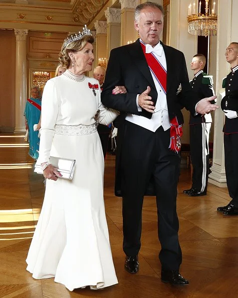 King Harald V, Queen Sonja, Crown Prince Haakon, Crown Princess Mette-Marit and Princess Astrid, Slovakia's President Andrej Kiska. Diamon tiara