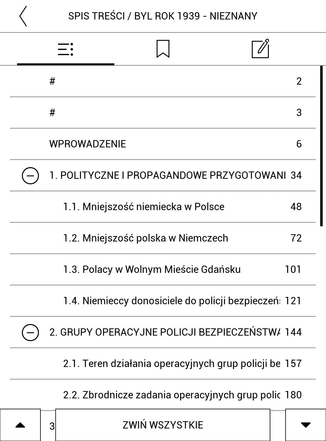 Widok wielopoziomowego spisu treści po rozwinięciu wszystkich poziomów