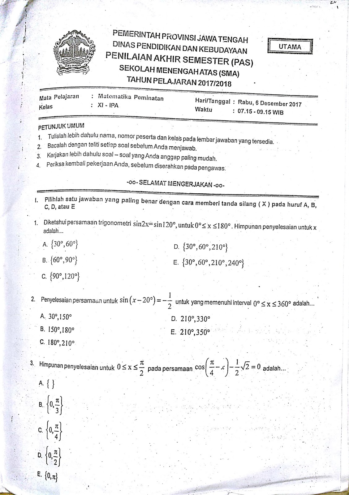 Kumpulan Soal Uas Trigonometri Kls Xi Mipa