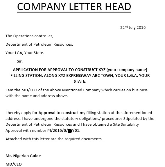 sample of application letter in a petrol station
