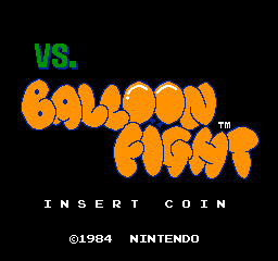 Captura de pantalla inicial de Balloon Fight en versión Arcade. Igual que presentación que en NES/FAMICOM pero aquí aparece el texto: Insert Coin, Nintendo 1984