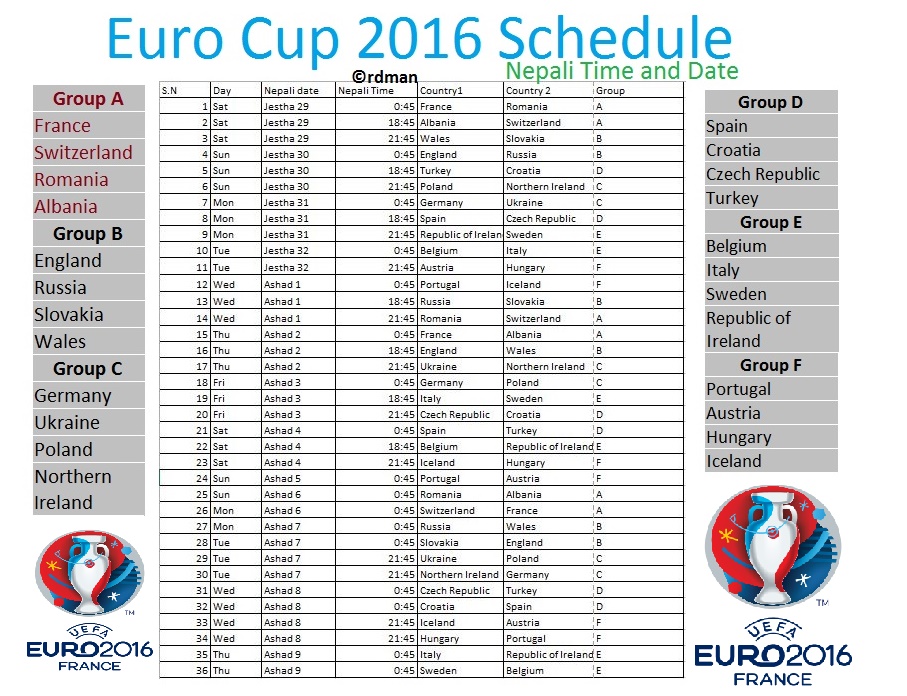 Euro Cup 2016 football from Jestha 29 (with Nepali Time schedule) RDMAN