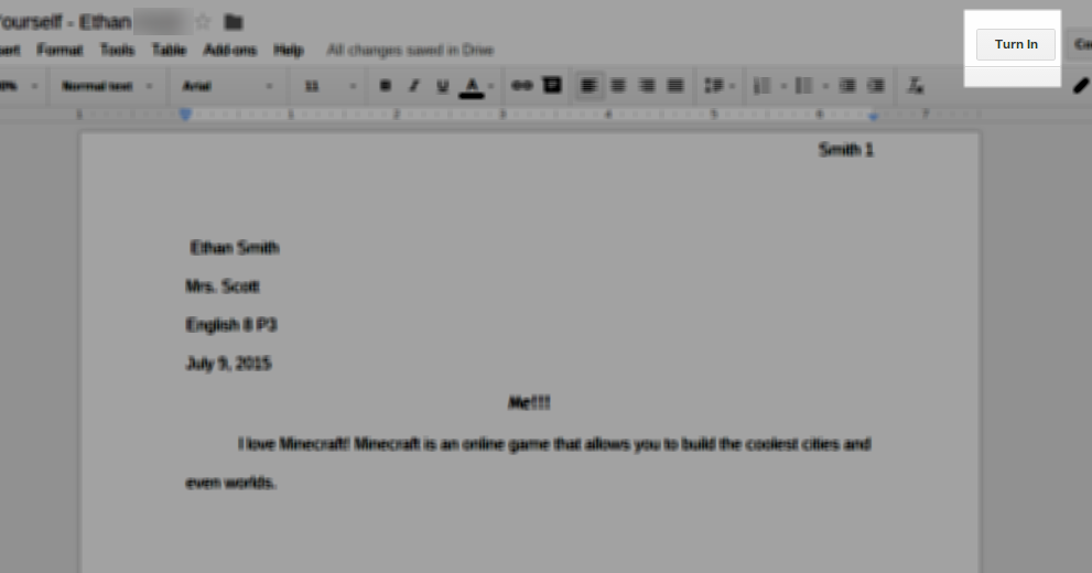 Google Classroom "Turn In" Button