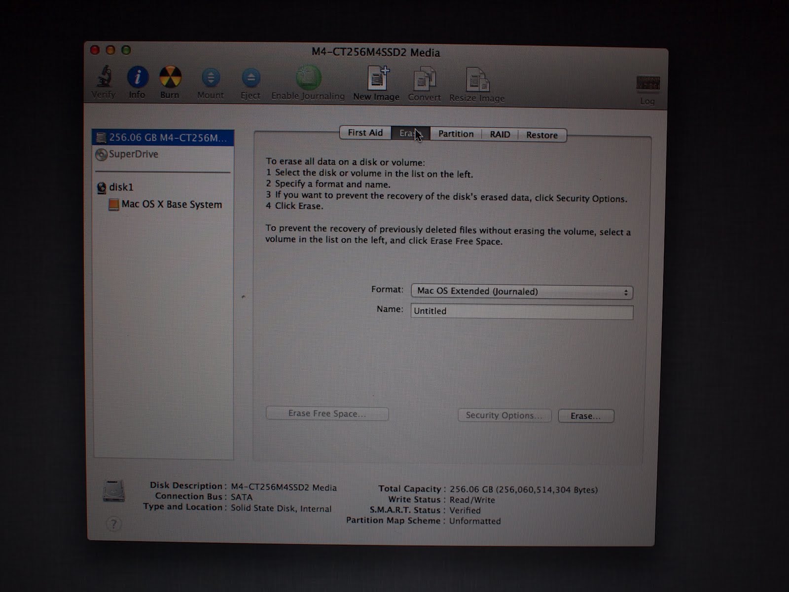 The new hard-drive just needs formatting with HFS+
