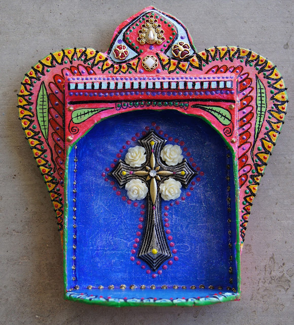 Hive Arts & Crafts Paper Mache Cross with Roses Shrine