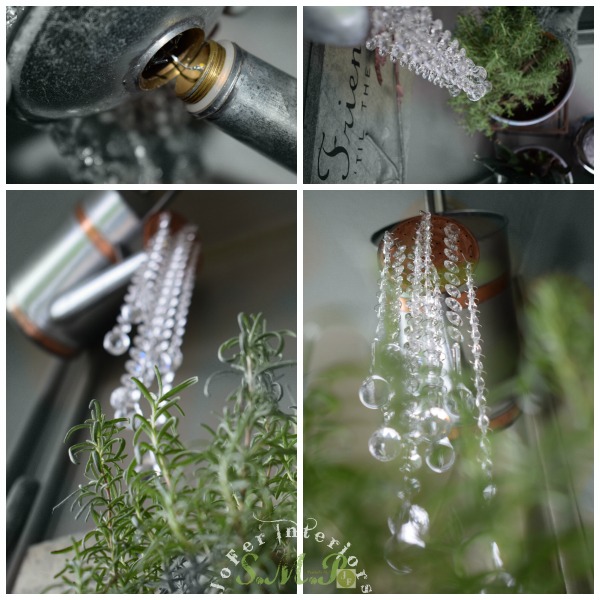 Making a garden chandelier using a galvanised aluminum,copper watering can and Crystal teardrops
