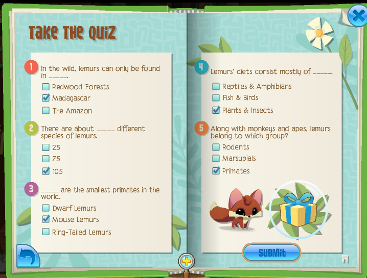 The Animal Jam Whip Lemur Minibook Quiz Cheats