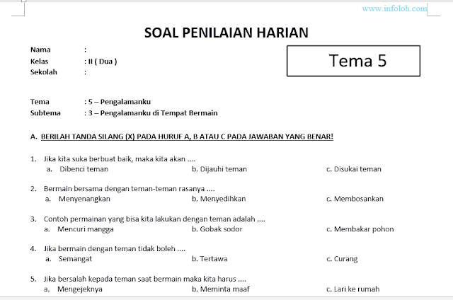 Soal Tematik Kelas 2 SD Tema 5 Subtema 3 Kurikulum 2013
