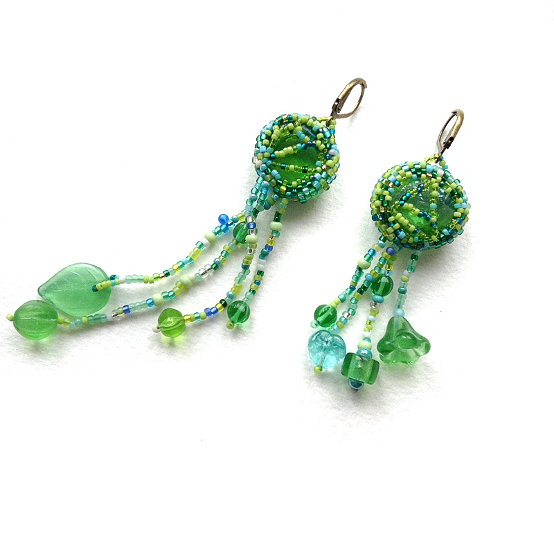 Green freeform beaded earrings - freeform beadwork jewelry - boho earrings - OOAK