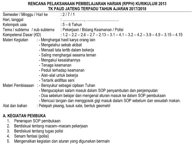 RPPH TK PAUD Kurikulum 2013 Kelompok Usia 56 Tahun Tema Pekerjaan