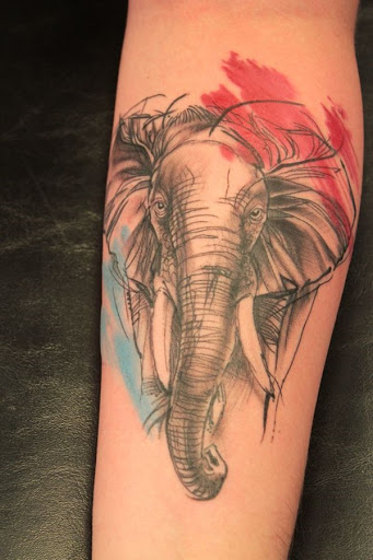 Um preto e cinza retrato de um elefante é acentuado com uma mancha azul e mancha vermelha no canto inferior esquerdo e superior direito os lados, respectivamente.