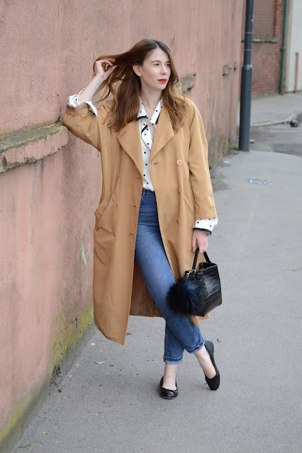 Parisian street style, Simple black and white silk shirt from a Charity shop, Vintage trench, Topshop high waisted mom jeans, Black Ballet pumps, Zara Croc effect black bag.