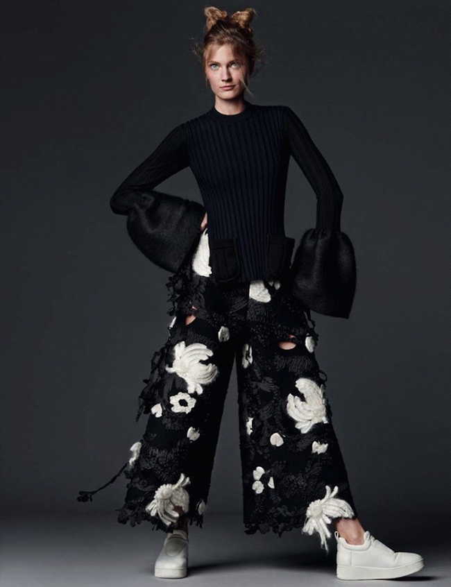 Vogue Germany August 2015, Constance Jablonski Céline 2015 AW Wide-Leg Trousers With Broken Floral Appliqués Editorials