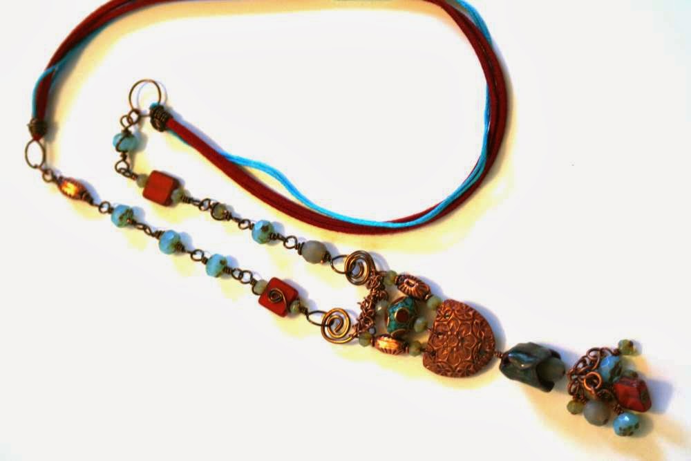 East meets West: ooak necklace, enamel, copper, Tibetan silver, Kristi Bowman copper element, turquoise, coral, Czech beads, crystals :: All Pretty Things