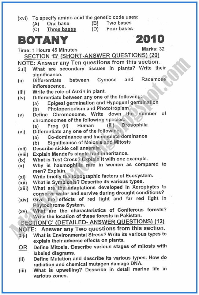 Adamjee Coaching Botany 2010 Past Year Paper Class XII