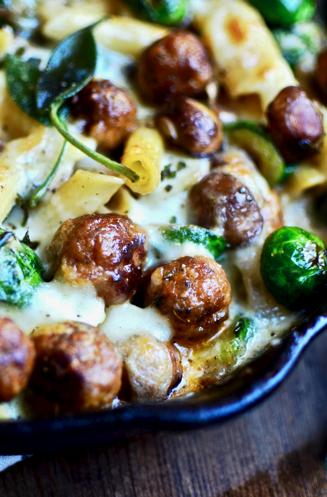 Yammie's Noshery Creamy Mini Meatball and Brussels Sprout Penne