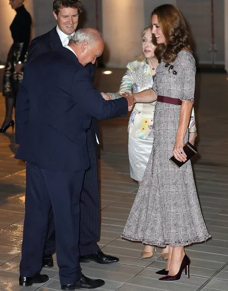 Kate Middleton wore ERDEM Iman off-the-shoulder embellished bouclé-tweed midi dress and Jimmy Choo Anouk Bordeaux velvet pumps