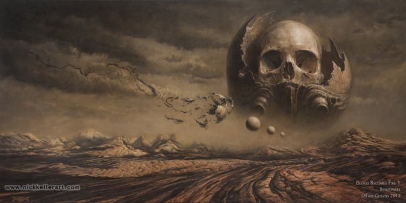 Fantasia, ficção científica e terror nas surreais e sombrias pinturas de Nick Keller Nick Keller pinturas a óleo fantasia ficção científica terror sombrio surreal infernal cósmico