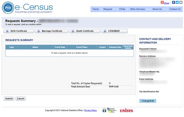 eCensus request summary page