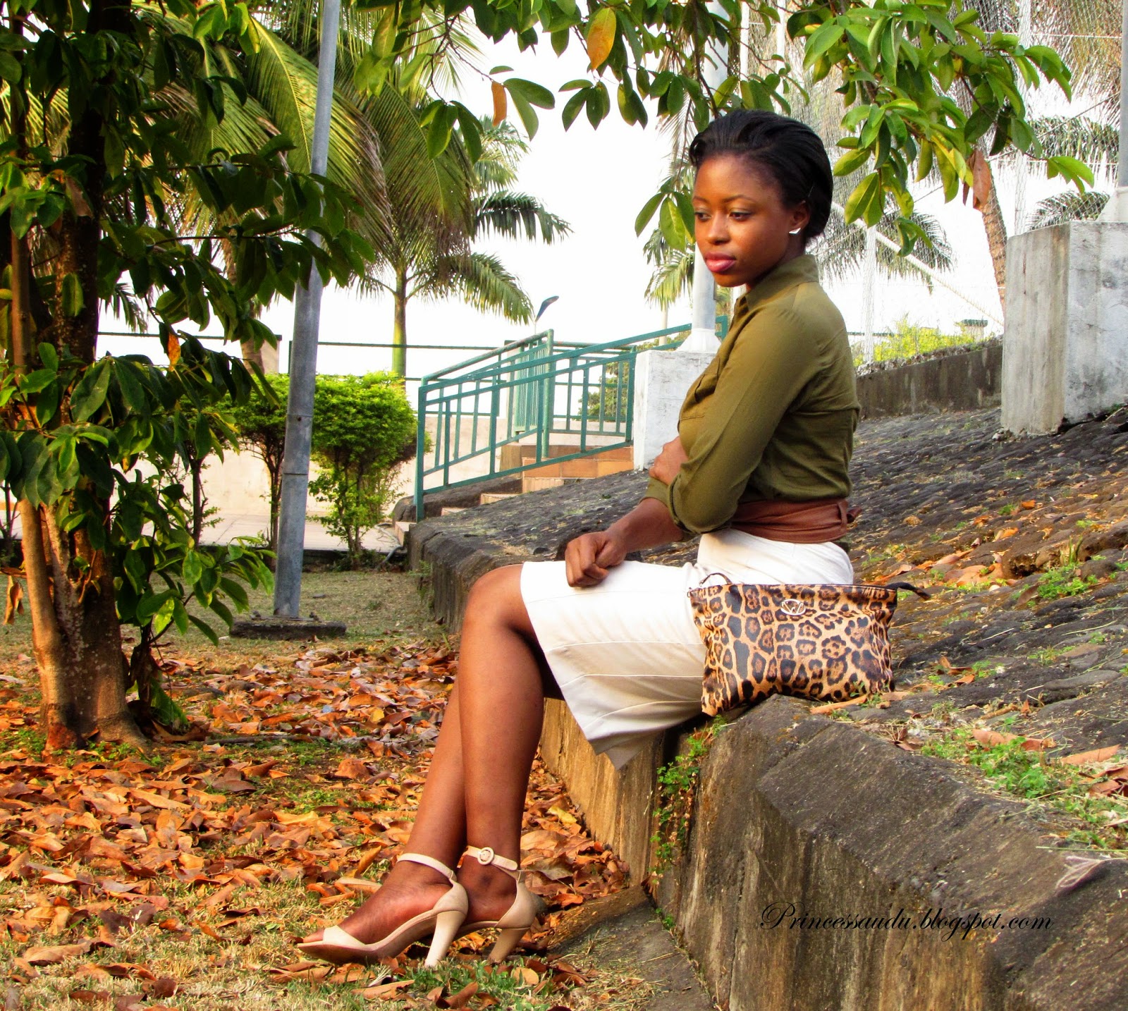 beige pencil skirt, Zara nude ankle strap sandals, Khaki, leopard print clutch, army green shirt