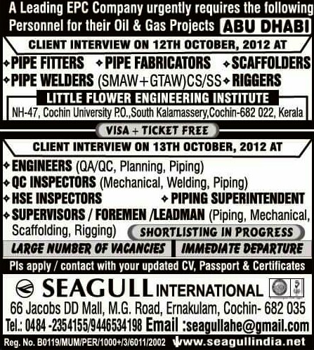 Walkin Interview Jobs in EPC Company for Oil & Gas Projects in Abu Dhabi 