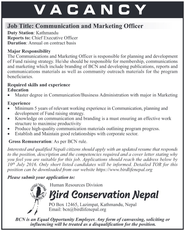 Vacancy Announcement for the post of Communication and Marketing
