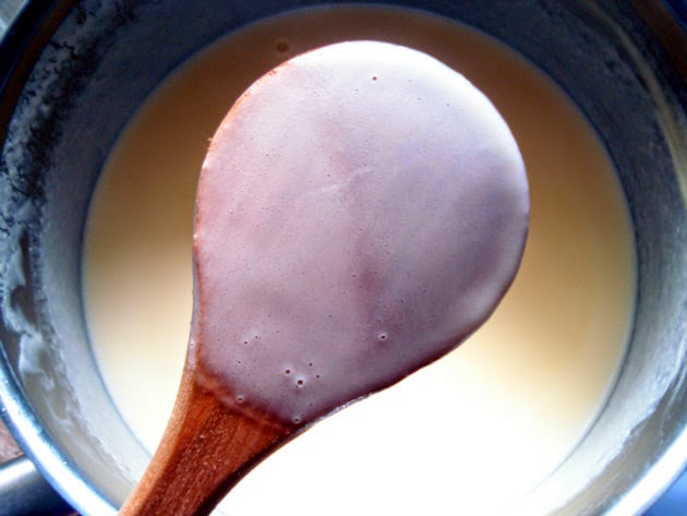 Hazelnut ice cream by Laka kuharica: Cook until the mixture becomes thick enough to coat the back of a wooden spoon.