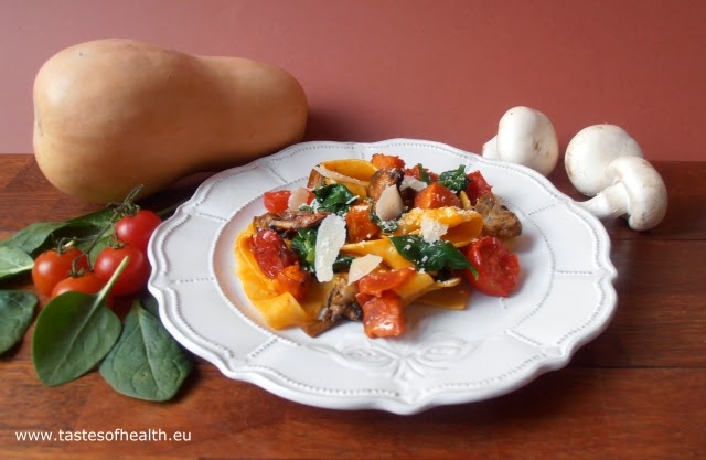 pasta, healthy, pumpkin, squash, spinach, mushrooms, tomatoes