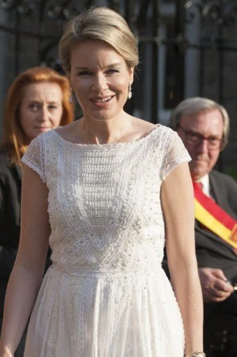 Queen Mathilde attended a concert at the Abbaye du Val-Dieu. Queen Mathilde wore Alice By Temperley London lace Dress.