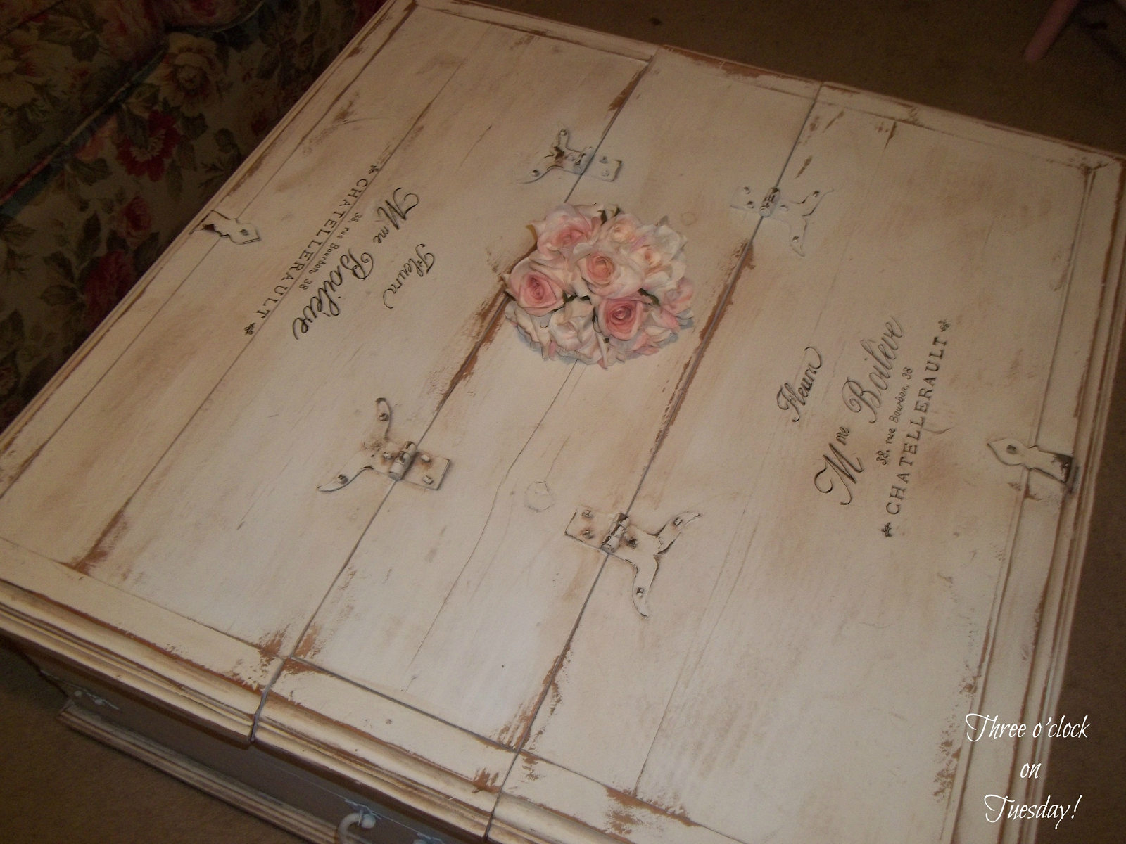 Three o'clock on Tuesday SOLD Shabby vintage label coffee table / trunk.