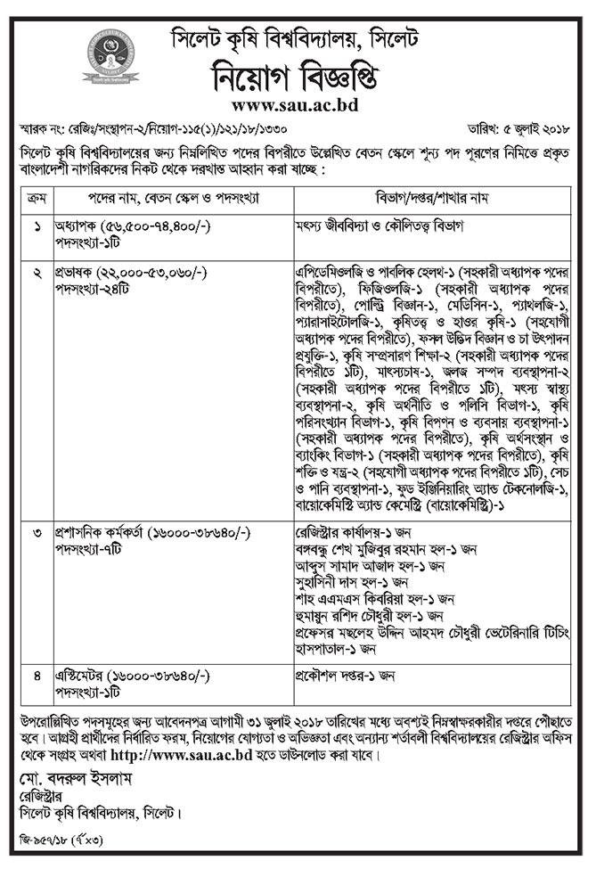 Sylhet Agricultural University (SAU) Job Circular 2018 