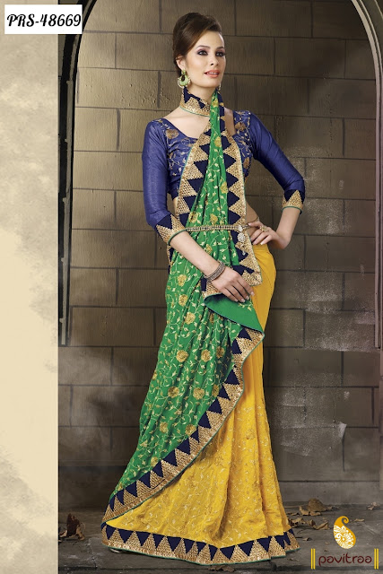 Buy green color bemberg designer saree online with exctiong discount offer price in India