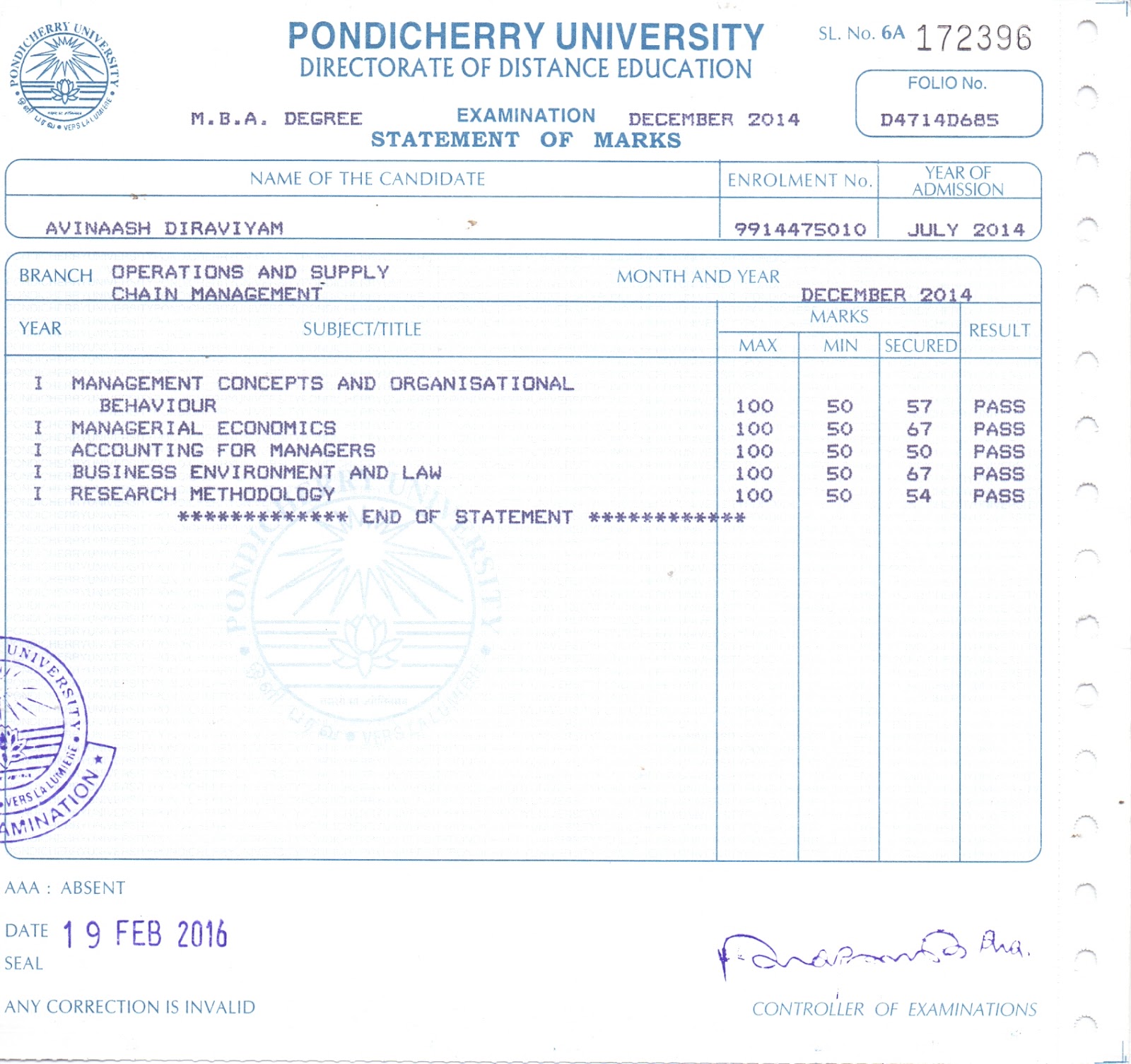 operations and supply chain management mark sheet i semester