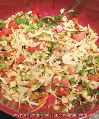 Cabbage, Corn, Red Pepper, and Tomato Salad for Smoked Portobello Mushroom Tacos