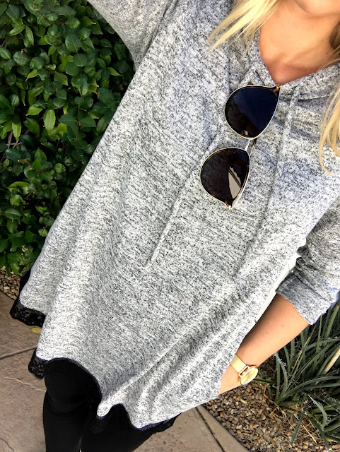 Thrifty Wife, Happy Life | Casual grey hoodie sweater with lace trim