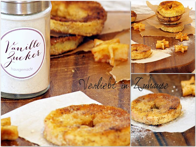 Collage Rezept Panierte Apfelringe oder Apfelschnitzel, hausgemachter Vanillezucker