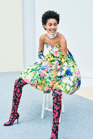 A strapless ball gown in a multi-colored floral print by Richard Quinn 